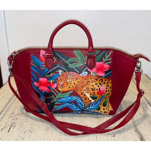 Sukriti Handbags - Sukriti Purse Red Leather Hand Painted Leopard Tropical Mob Wife Stunning